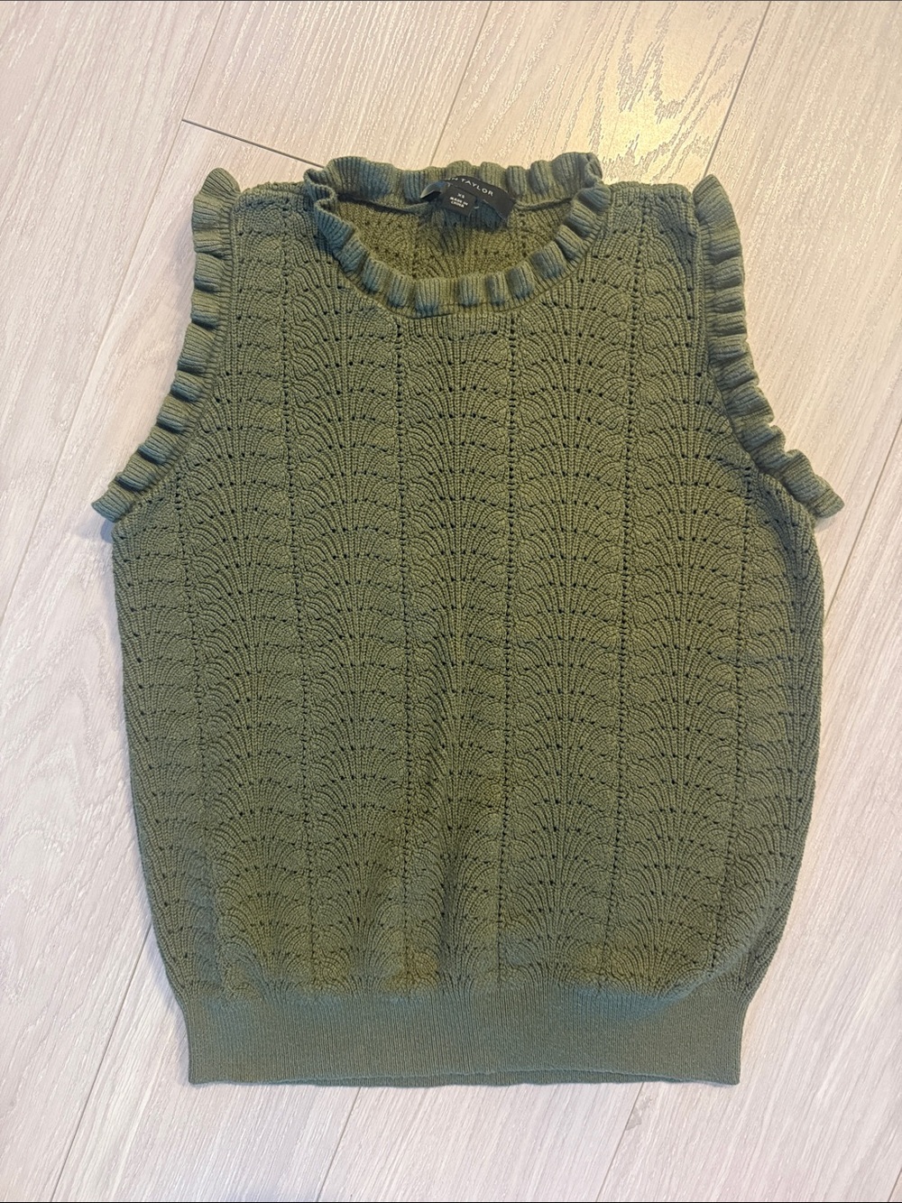 Crochet Sleeveless Ruffle-Trim Knit Tank - Olive